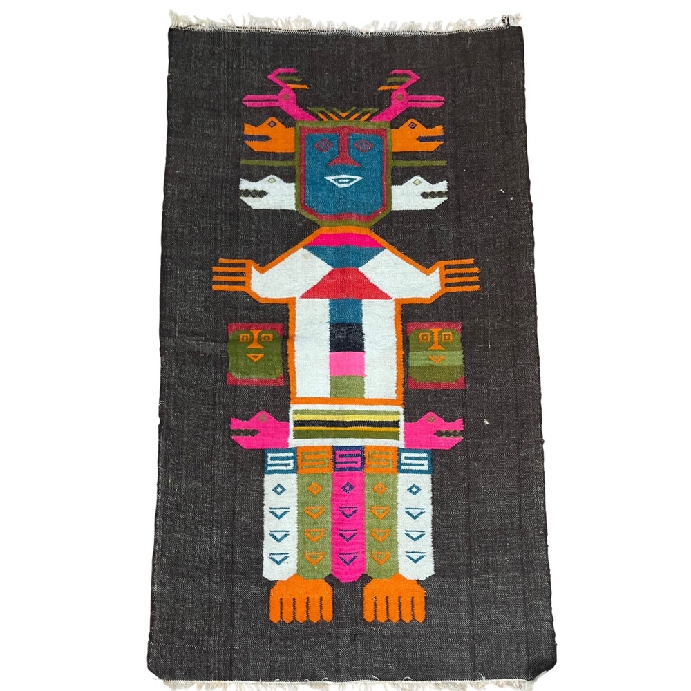 Vtg woven Brown‎ Pink Wool Native Aztec Mayan Wall Hanging Tapestry Rug 45"x 26